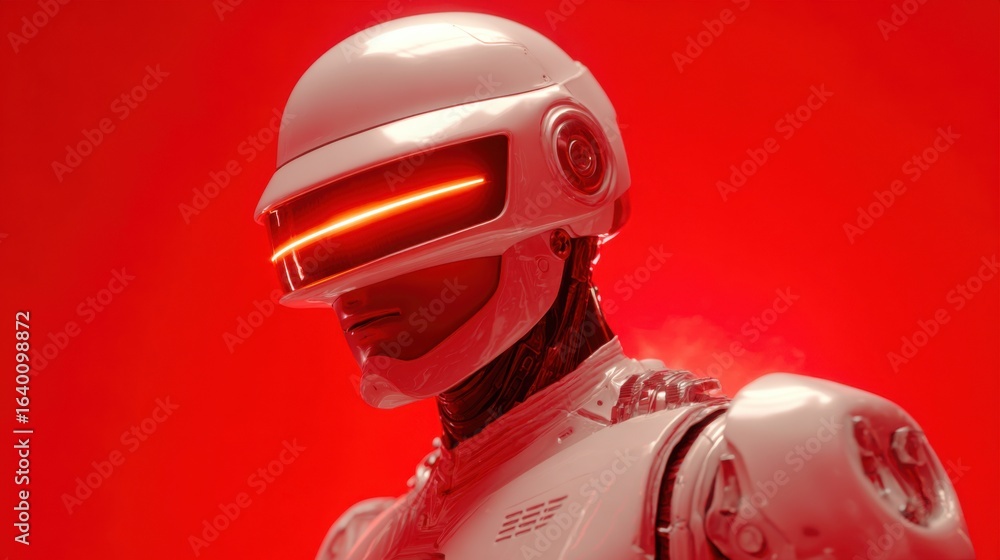 Poster a man in a white helmet with red lights on it. the man is standing in front of a red background