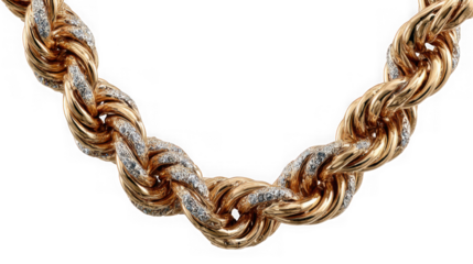 Closeup of a luxurious gold rope chain necklace with diamonds, isolated on transparent background