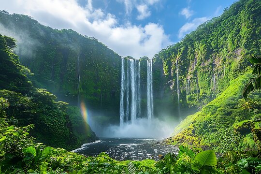 A majestic waterfall cascading down rugged cliffs, mist rising from the base, a rainbow forming in the spray.