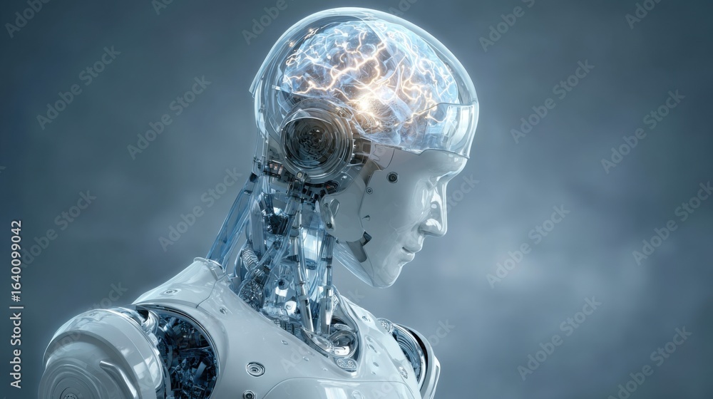 Aufkleber a robot with a brain and a face. the robot is made of metal and has a futuristic look