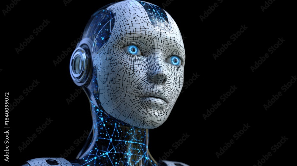 Poster a woman's face is shown in a computer generated image. the face is made up of many small squares and