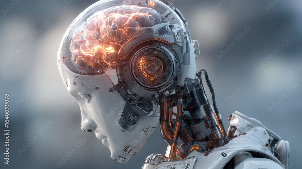 Poster a robot with a brain on its head. the robot is white and has orange sparks coming out of its head. t