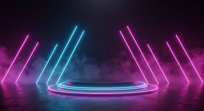 Neon light podium stage background for product showcase presentation and advertising futuristic design