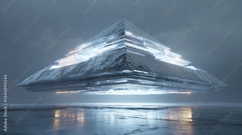 Poster a pyramid-shaped object is floating in the air above a body of water. the scene is illuminated by a 