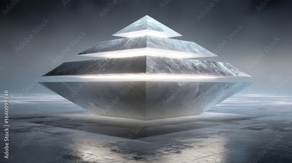 Poster a pyramid made of ice is lit up with a white light. the pyramid is made of three layers and is surro