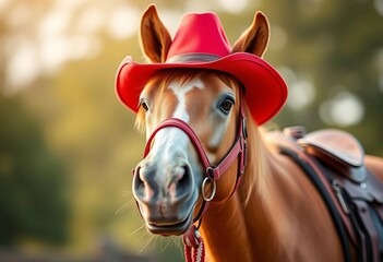 Obraz premium Charming horse, red cowboy hat, bokeh background, playful, whimsical, joyful, spirit