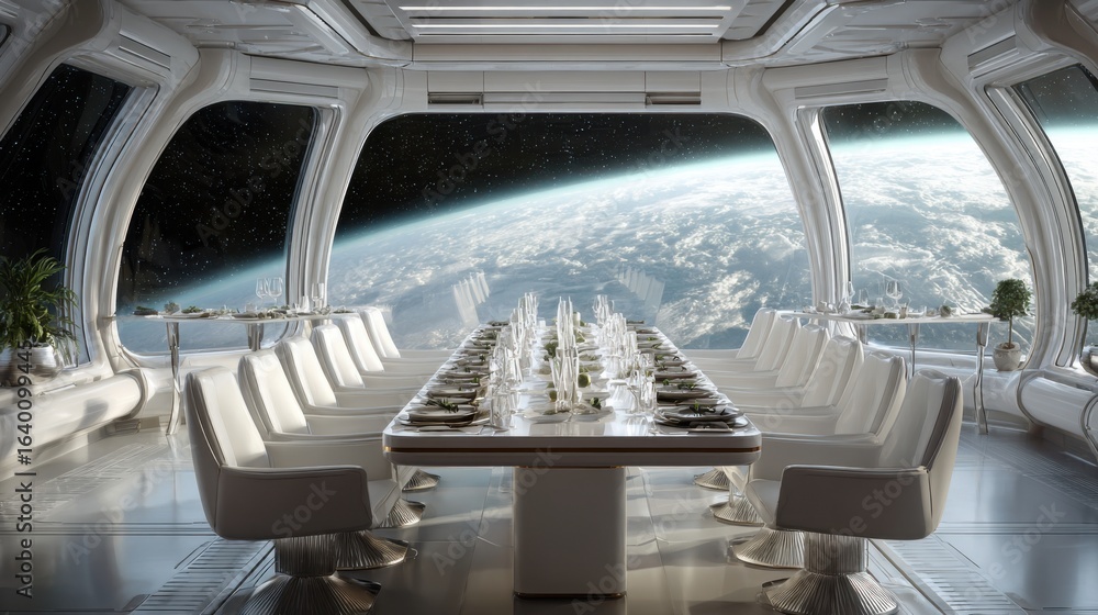 Poster a large dining table is set up in a spaceship with a view of the earth and the stars