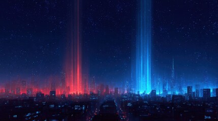 A cityscape with two tall buildings, one red and one blue, with a bright blue light shining on the red building