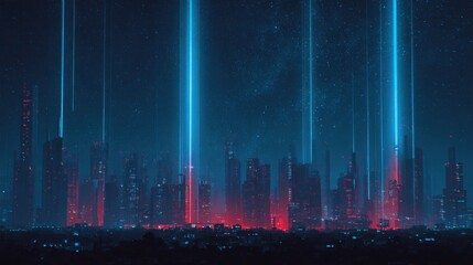 Fototapeta premium A cityscape with tall buildings and bright lights. The city is lit up at night, creating a vibrant and energetic atmosphere