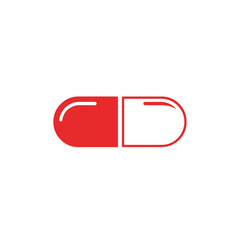 A simple graphic illustration of a red and white capsule, with one half solid red and the other half outlined in white.