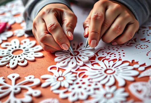 Close-up of skilled hands precisely cutting intricate paper designs with sharp tools, paper design, forms - Powered by Adobe