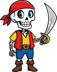 Cartoon Pirate Skeleton with Red Bandana, Curved Sword, Yellow Shirt, Red Vest, Blue Pants, Brown Boots, PNG, Friendly Character