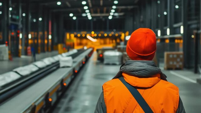 Worker in orange vest and hat observing packages on conveyor belt inside a modern logistics facility.