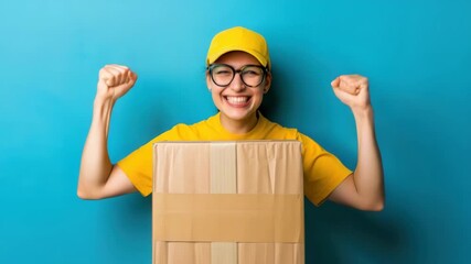 Excited person in yellow uniform holding a package with raised fists on blue background.