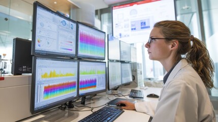A woman is sitting at a desk with four computer monitors in front of her. She is wearing a white lab coat and she is focused on her work. The monitors are displaying various graphs and data