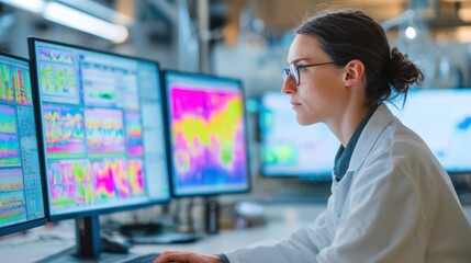 A woman in a lab coat is staring intently at a computer screen displaying a complex set of data. She is focused and determined. The room is equipped with multiple computer monitors