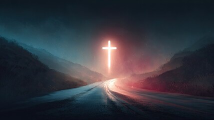 Journey of faith illuminated by a radiant cross guiding the way forward on a misty, atmospheric road at dusk