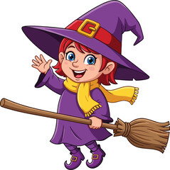 Cartoon Witch with Broomstick — Purple Hat, Red Hair, Yellow Scarf, Halloween Character PNG, Magical Costume Illustration Transparent