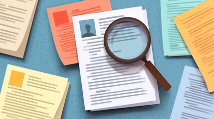 Carefully scrutinizing resumes with a magnifying glass, highlighting the meticulous process of candidate selection and talent acquisition in modern hiring.