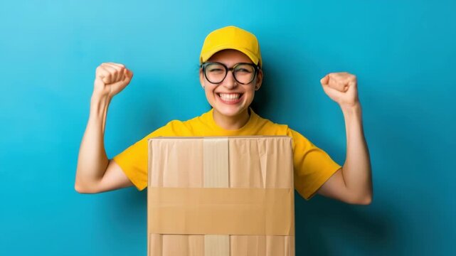 Excited person in yellow uniform holding a package with raised fists on blue background.