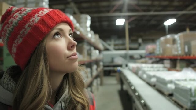 Young woman in red hat looking up in warehouse with conveyor belt and stacked goods for delivery