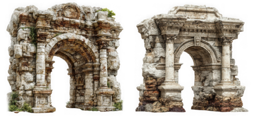 Two ancient stone ruins featuring arches and columns, isolated on transparent background