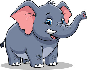 Cute Cartoon Elephant with Pink Ears and Blue Eyes — Smiling, Trunk Up, Playful Pose, Children’s and Educational PNG Illustration