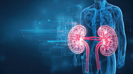 Stunning digital illustration showcases vibrant human kidneys within a glowing anatomical outline, highlighting advanced medical technology and health science innovations.