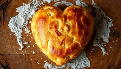 Heart-shaped dough, rustic texture, golden-brown baked crust,  texture,   ingredient