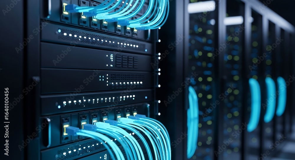 Poster high-performance data center server racks with fiber optic cables advanced technology infrastructure