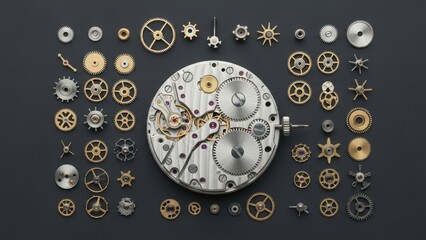 A deconstructed watch, with all its tiny gears and parts laid out neatly around the main movement.