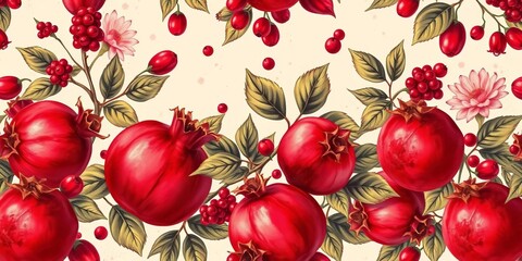 Seamless painterly vintage pomegranate & berry floral pattern in rich reds ,  juicy,  fruit