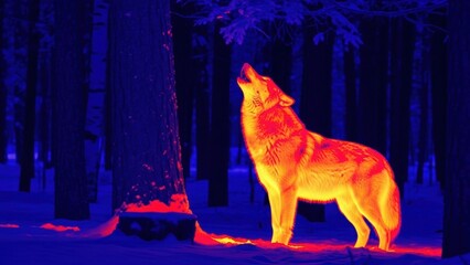 A thermal camera image of a wolf howling in a snowy, dark forest.
