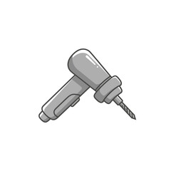 A simple cartoon illustration of a grey power drill with a visible drill bit, isolated on a white background.