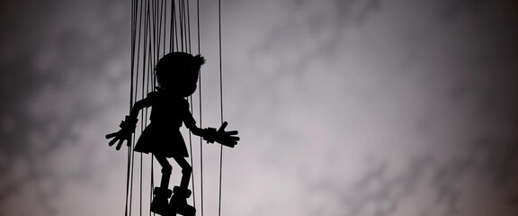 Silhouette of a puppet with strings against a stark background,  idea,  strings