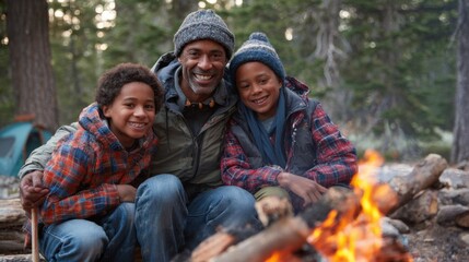 A man and two children are sitting around a campfire. The man is smiling and the children are also smiling. Scene is happy and warm, as the family is enjoying a camping trip together