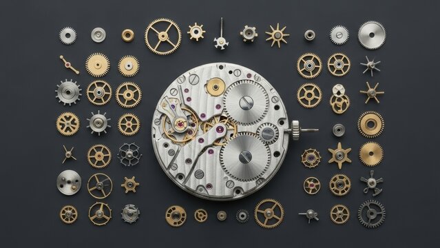 A deconstructed watch, with all its tiny gears and parts laid out neatly around the main movement.