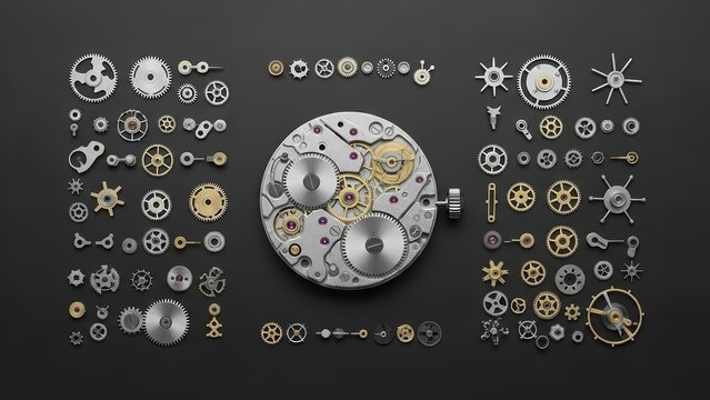 An exploded view of a watch with its intricate parts arranged in a flat lay.