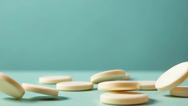 Round white pills scattered on a light blue surface, some appearing to tumble or float, suggesting medical treatment or a simulated effect.