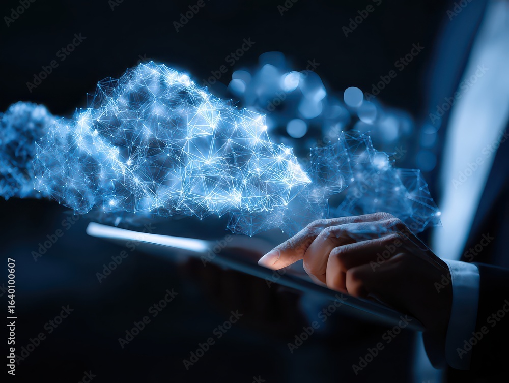 Poster cloud based file storage and data security concept. it professional manages digital files, ensuring 