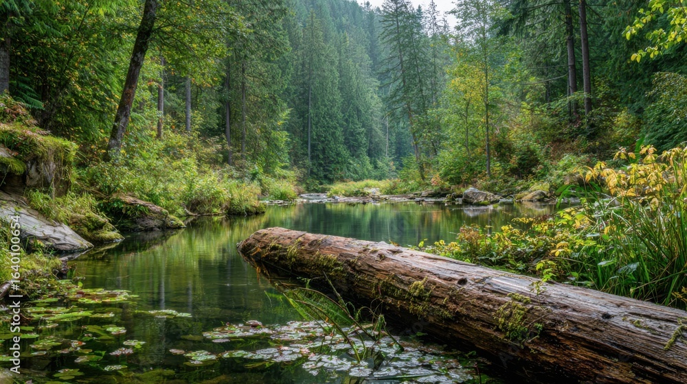 Poster a large log is floating in a river with a lush green forest in the background. the scene is peaceful