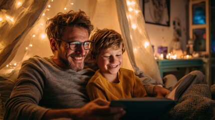A man and a boy are sitting together in a tent, reading a book. The man is wearing glasses and the boy is smiling. Concept of warmth and bonding between the two