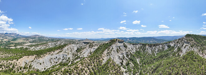Aerial panoramic view of rugged hills and forested terrain in Asarlık, Nallıhan, Turkey,...