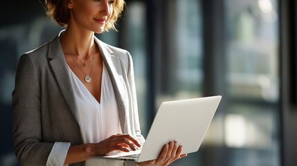 Businesswoman Working on Laptop in Bright Office Space