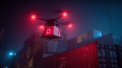 A red and white drone with a red cross on it is flying over a city. The drone is carrying a box that says "medical supplies." Concept of urgency and importance