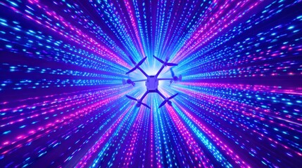 A drone is flying through a colorful, swirling galaxy. The image is a representation of the future of technology and space exploration
