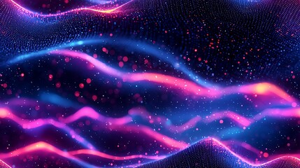A 3D render of neon blue and purple sound waves flowing across a dark futuristic background.