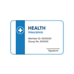 A clean, minimalist illustration of a generic health insurance card featuring a medical cross symbol and placeholder text for member details.