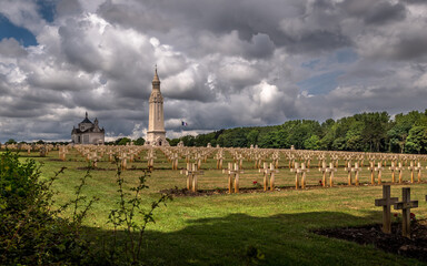 View of Notre Dame de Lorette, the basilica, the lantern tower and the military cemetery