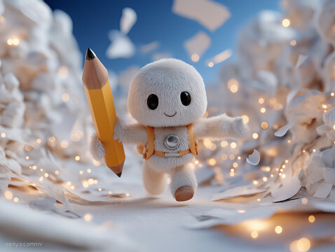 Peluche mignonne avec crayon g&eacute;ant. G&eacute;n&eacute;r&eacute; par IA.